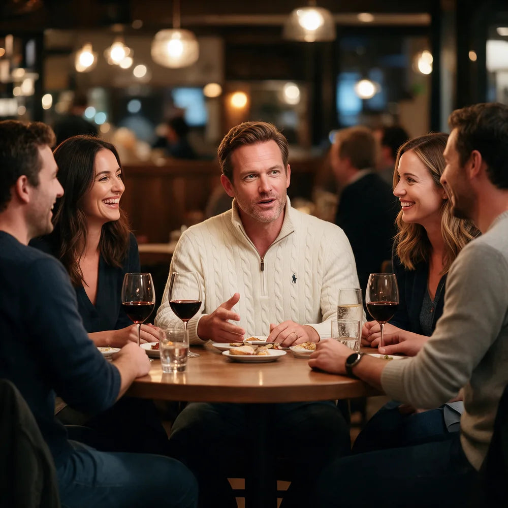 Le pull col zippé crème porté au dîner